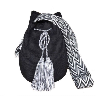 Solid Crochet Bags - Bohemian Style Solid Color Crochet Bag - Crossbody/Shoulder Boho Bag 09-Black with crocheted caps MWU009