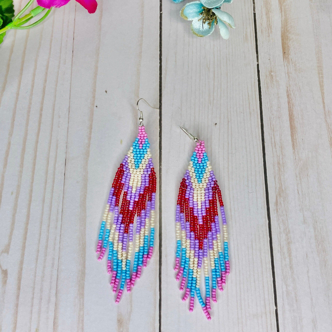 Pink Bohemian beaded fringe earrings for spring | Statement boho earrings | Colorful 4U