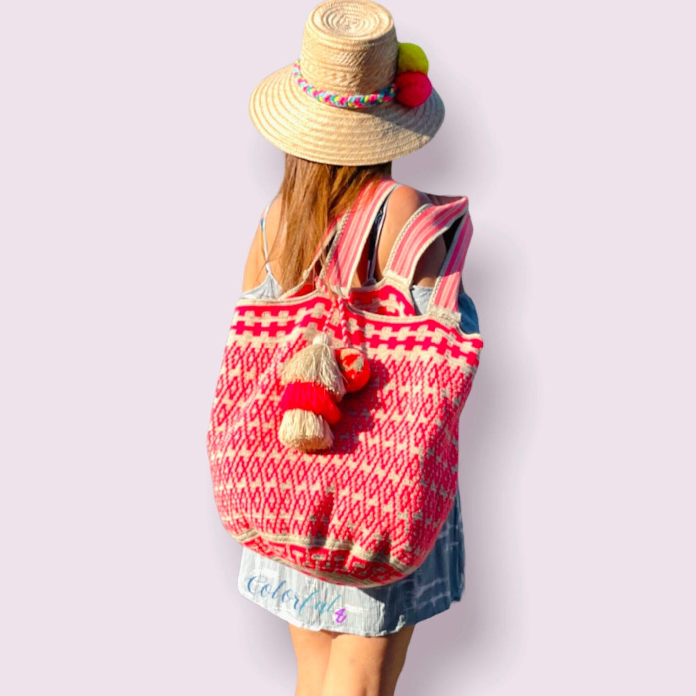 Wearing a  Maxi Tote Beach Bag | Crochet Summer Tote | Colorful 4U