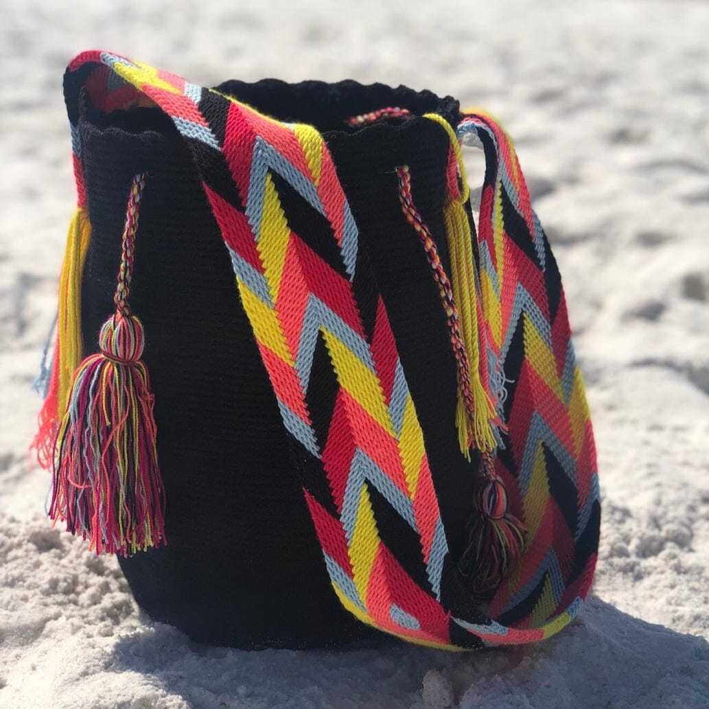 Black Crochet Beach Bag | Wayuu Mochila | Crossbody Boho Bag on the beach