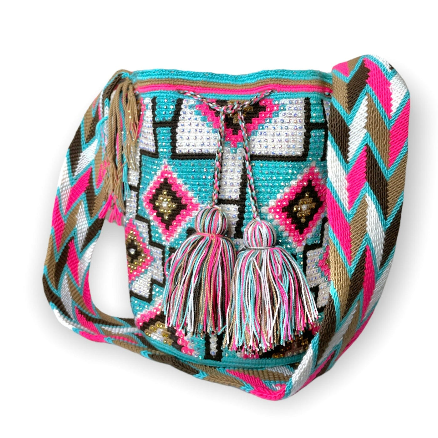 White/ Turquoise Large Crystal Handbag for summer | Colorful Rhinestone Crossbody Purse | Diamonds Crochet Pattern | Colorful 4U