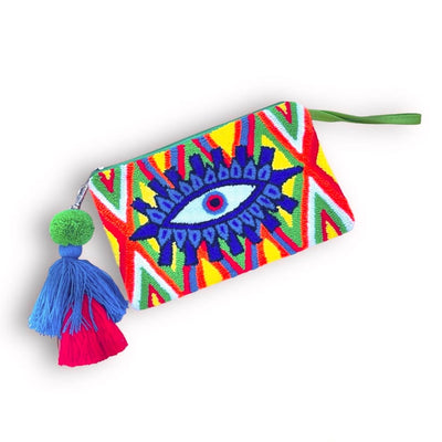 Neon Green Blue Evil Eye Clutch Bag | Bohemian Wristlet Clutch | Summer Tassel Clutch | Colorful 4U 