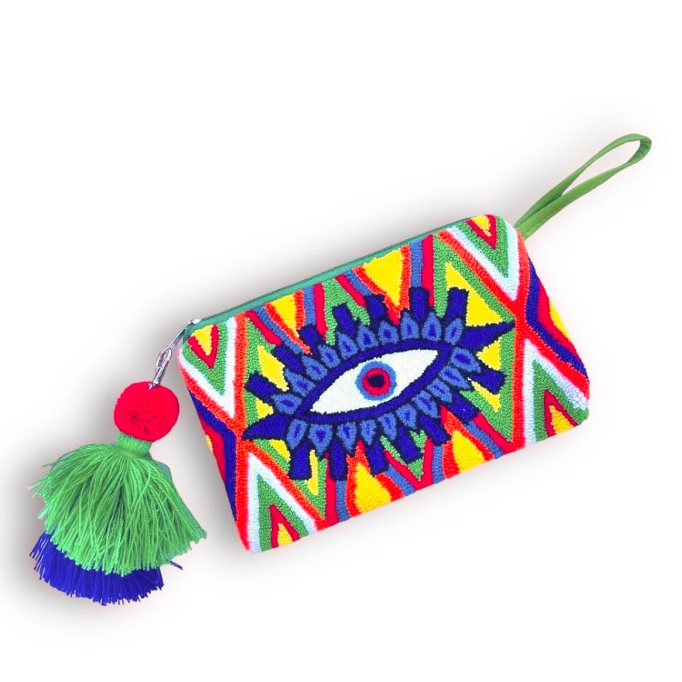 Neon Green Blue Red Evil Eye Clutch Bag | Bohemian Wristlet Clutch | Summer Tassel Clutch | Colorful 4U