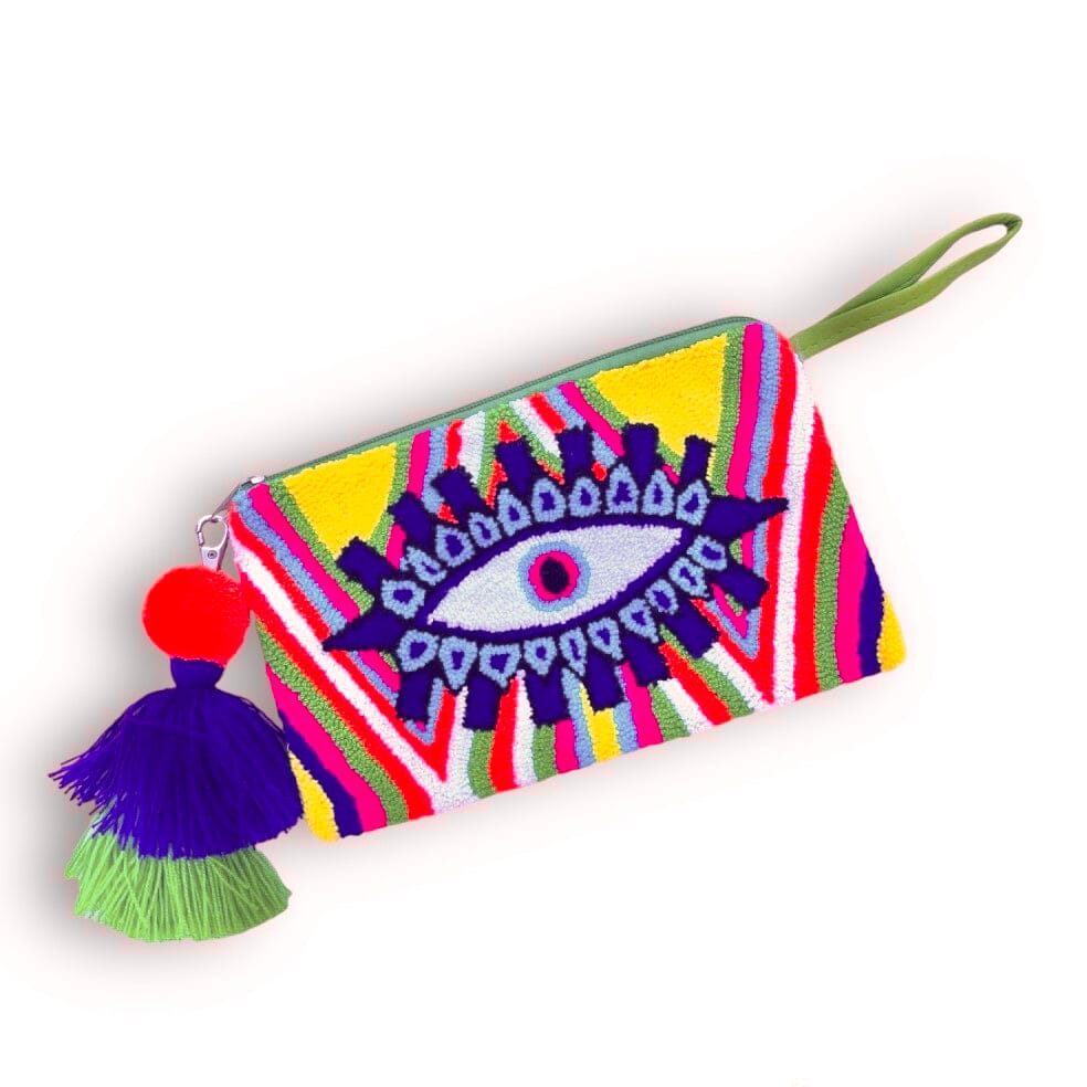 Neon Green Purple Evil Eye Clutch Bag | Bohemian Wristlet Clutch | Summer Tassel Clutch | Colorful 4U