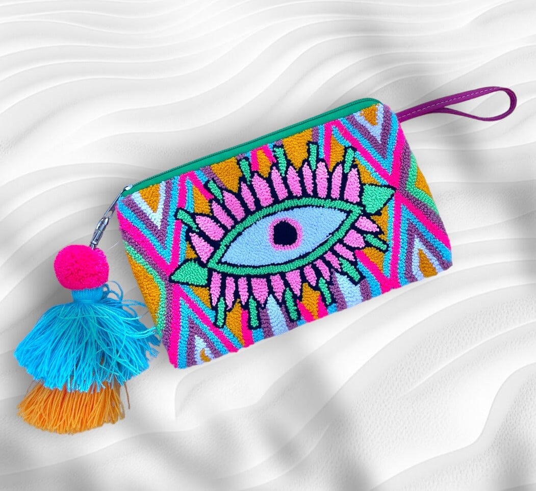 Pink/Turquoise Evil Eye Clutch Bag | Bohemian Wristlet Clutch | Summer Tassel Clutch | Colorful 4U