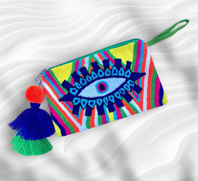 Blue/ green / yellow Neon Evil Eye Clutch Bag | Bohemian Wristlet Clutch | Summer Tassel Clutch | Colorful 4U
