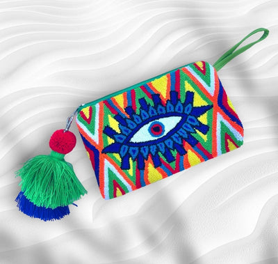 Blue/ green Neon Evil Eye Clutch Bag | Bohemian Wristlet Clutch | Summer Tassel Clutch | Colorful 4U