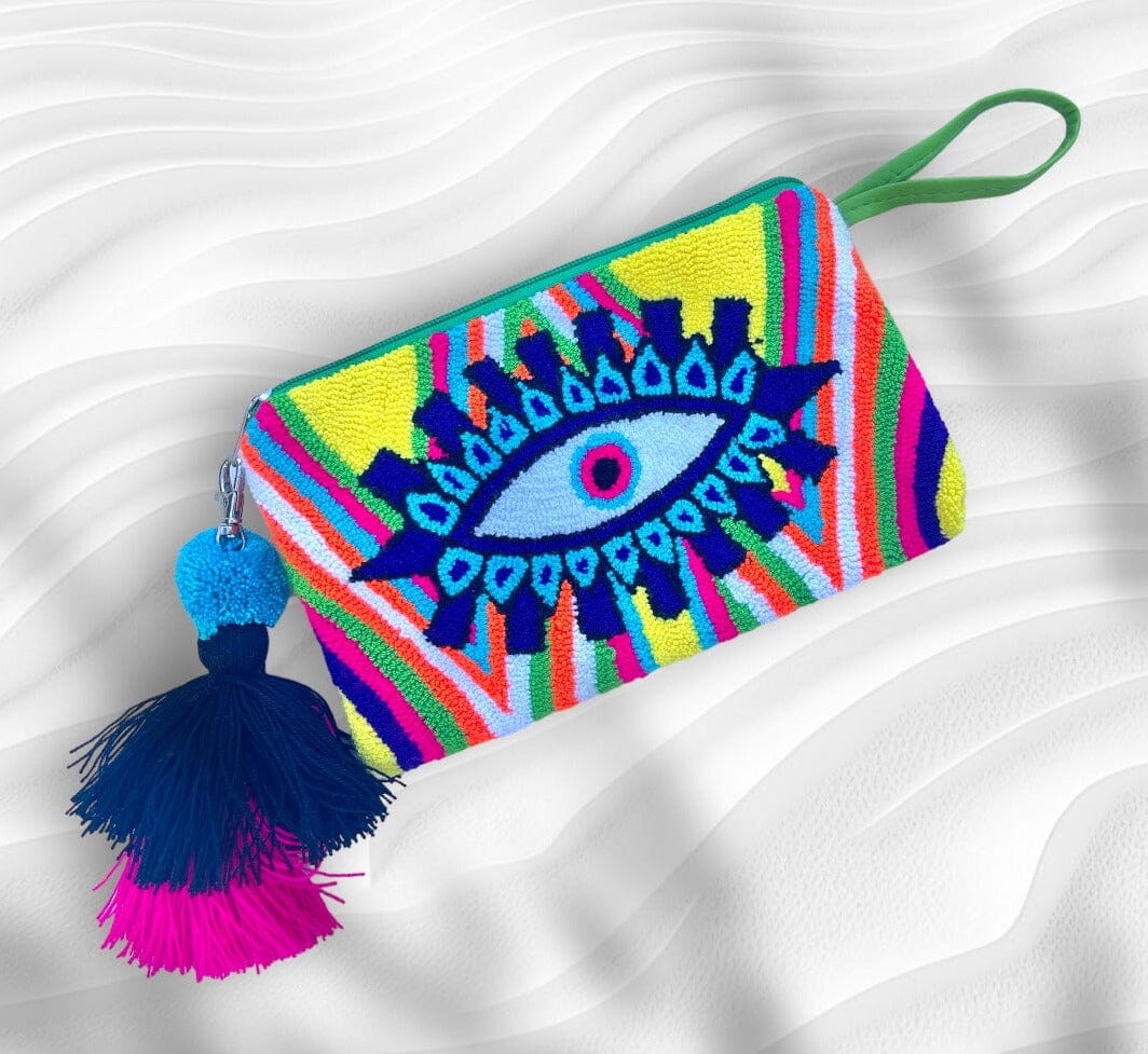 Light Blue/ green Neon Evil Eye Clutch Bag | Bohemian Wristlet Clutch | Summer Tassel Clutch | Colorful 4U