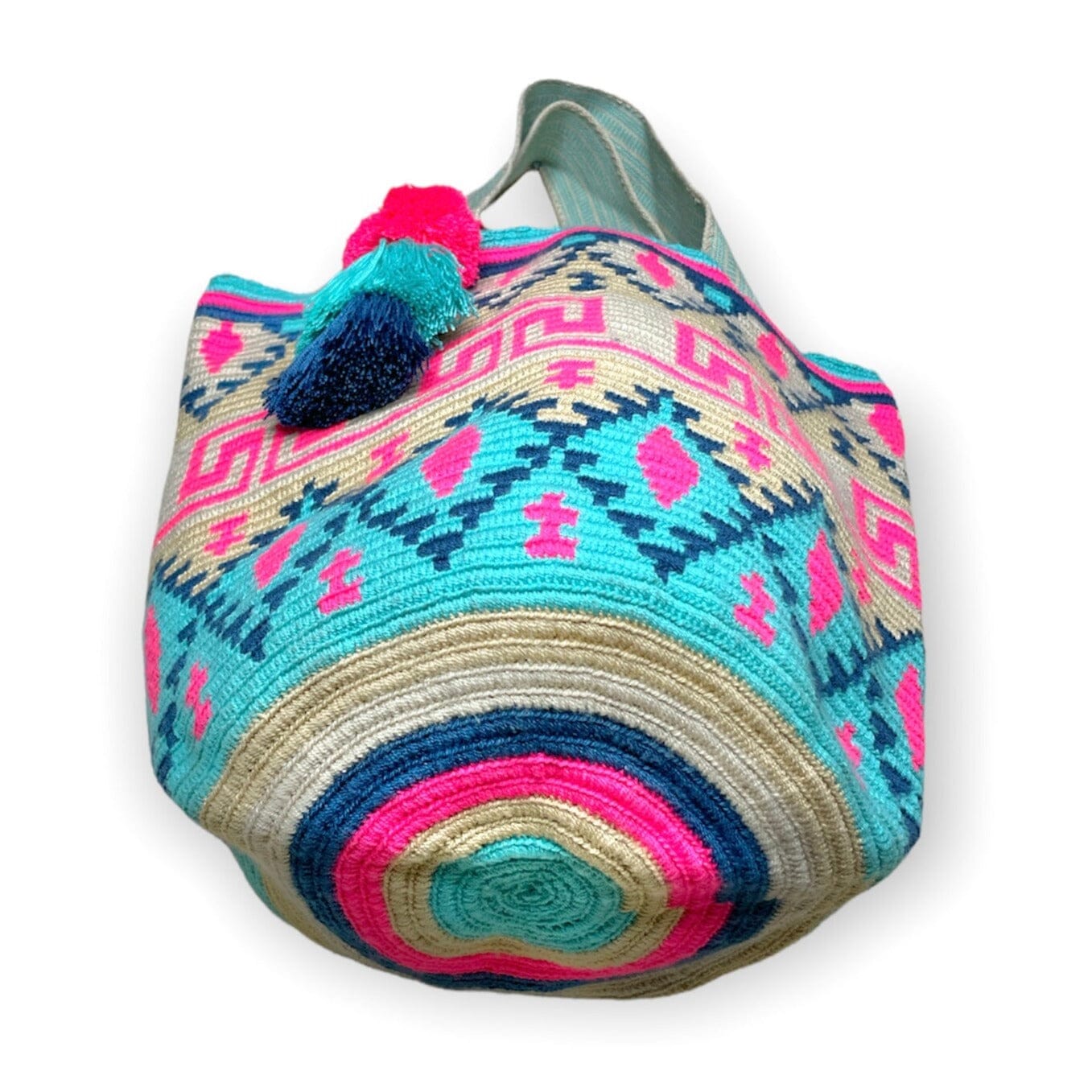 Bottom view | Turquoise/ Hot Pink Large Crochet Tote Bag for summer | Colorful 4U