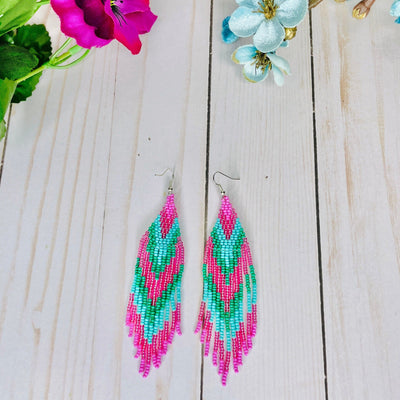 Pink/Green Summer Beaded Fringe Earrings | Statement Boho Earrings for Spring | Colorful 4U