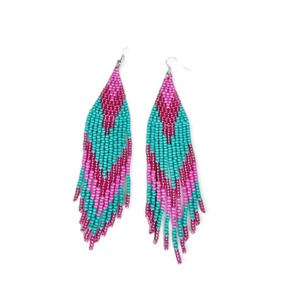 Turquoise Pink Beaded Earrings for Summer | Statement Boho Fringe Earrings | Colorful4U