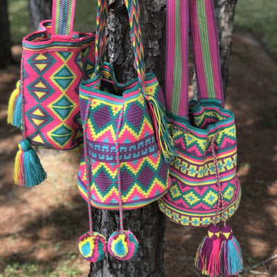 Hot Pink-Yellow-Purple Crochet Bag-Crossbody Bucket Bag-Wayuu Mochila