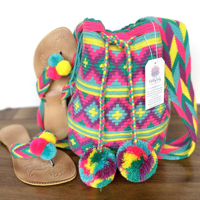 Pompom Sandals and Bag Matching set Colorful Crochet Bag-Crossbody Summer Bag-Hot Pink-Yellow Bohemian Bag