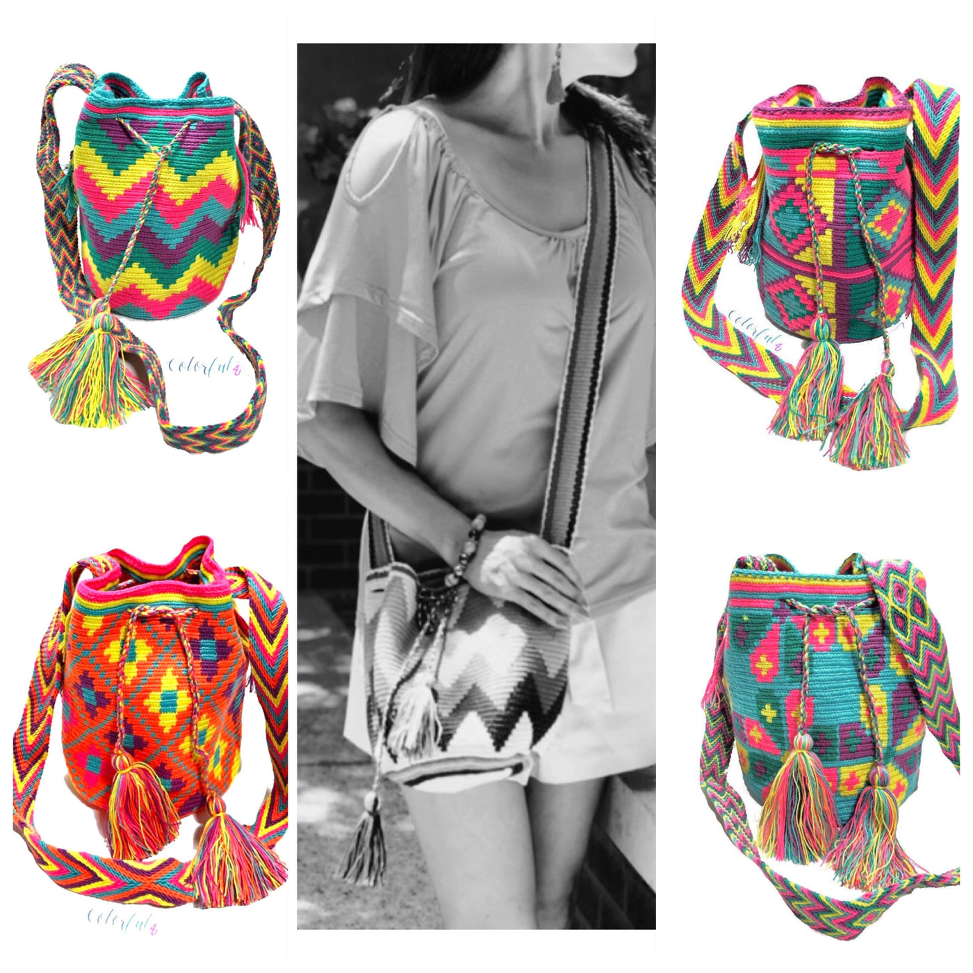 Medium Summer Crossbody Crochet Bag - Wayuu Mochila - Bucket Boho Bag