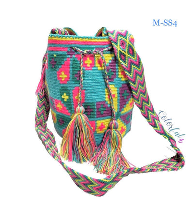 Turquoise Summer Crossbody Crochet Bag - Wayuu Mochila - Bucket Boho Bag