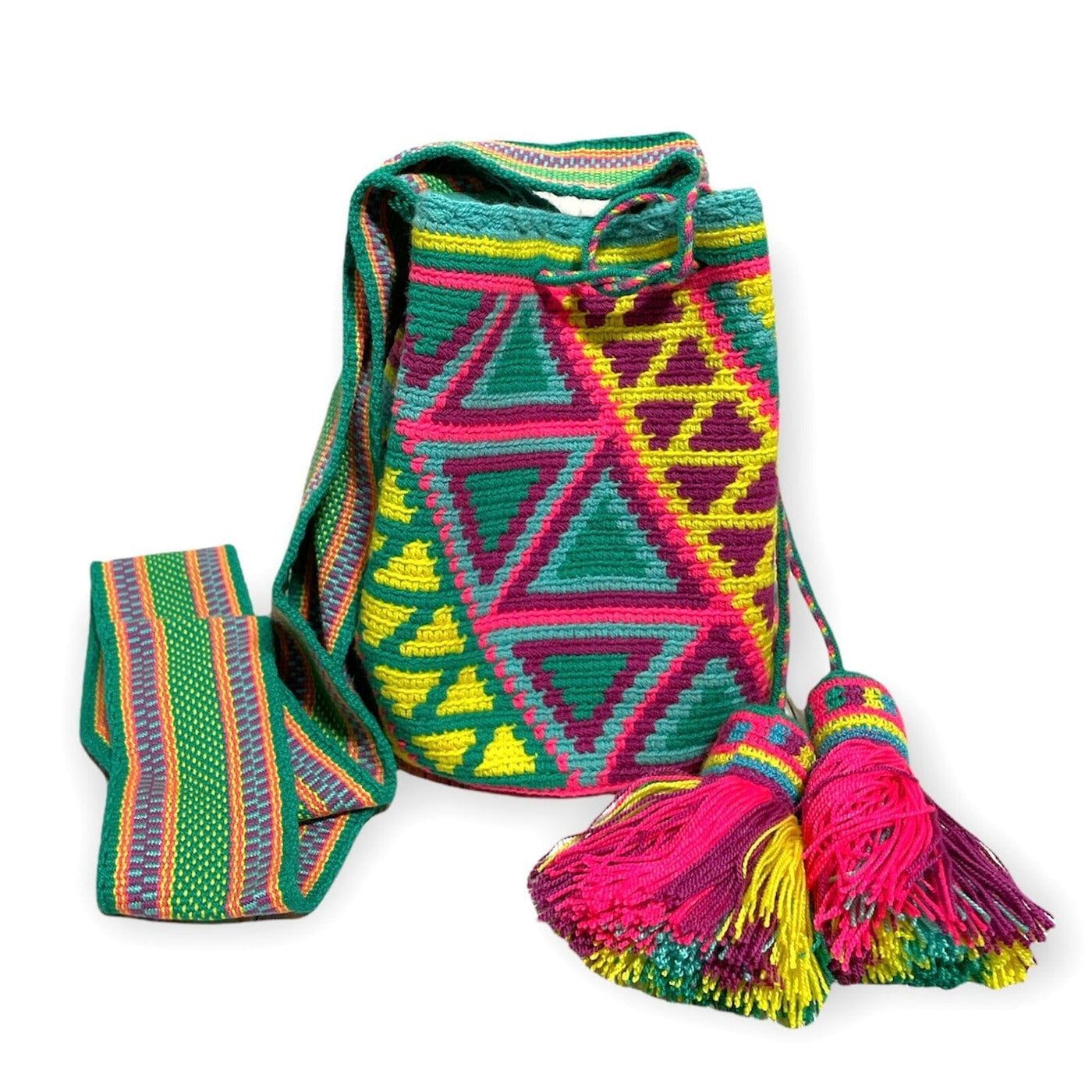 Summer Solstice Crochet Bags | Medium Medium-Crossbody Crochet Boho Bag - Traditional Wayuu Design SS8 Green Triangles 