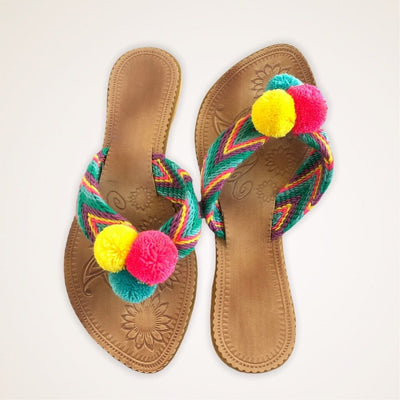 Summer Solstice Pom Pom Sandals - Summer Flip Flops Sandalias Wayuu Pom Pom 