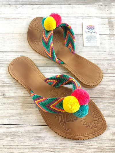 Summer Solstice Pom Pom Sandals - Summer Flip Flops Sandalias Wayuu Pom Pom US 10 