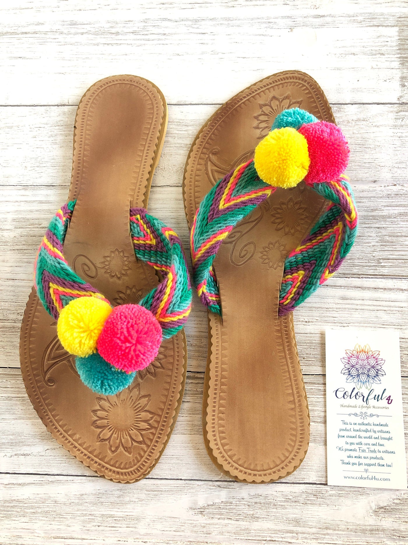 Summer Solstice Pom Pom Sandals - Summer Flip Flops Sandalias Wayuu Pom Pom US 6 
