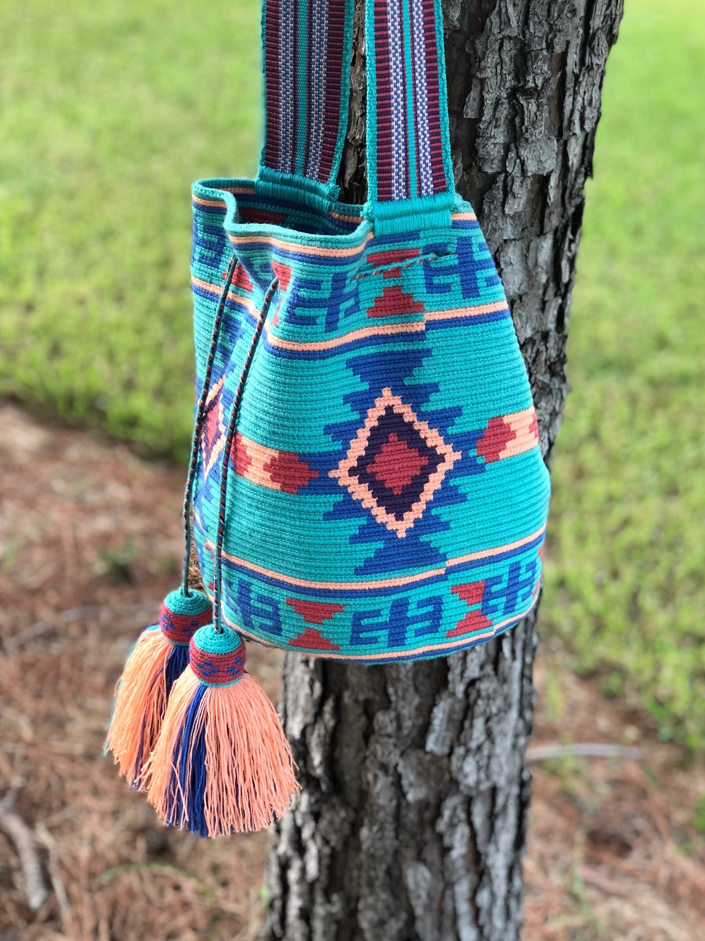 Turquoise Crossbody Crochet Bag-Boho Bag-Bohemian-Bucket-Hippie-Wayuu
