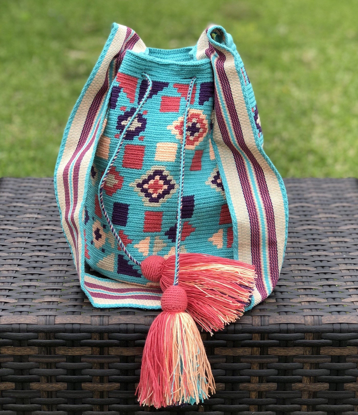 Turquoise Crossbody Crochet Bag-Boho Bag-Bohemian-Bucket-Hippie-Wayuu ...