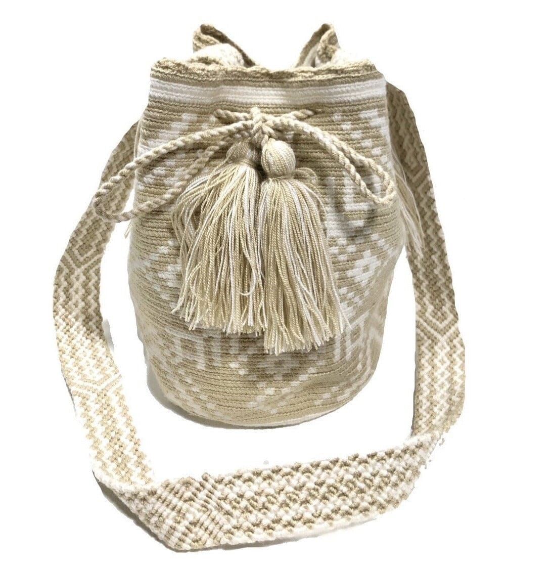 White Sands Crochet Bags | Crossbody Summer Bags | M Medium-Crossbody Crochet Boho Bag - Traditional Wayuu Design Pretty Beige | Macrame Strap 